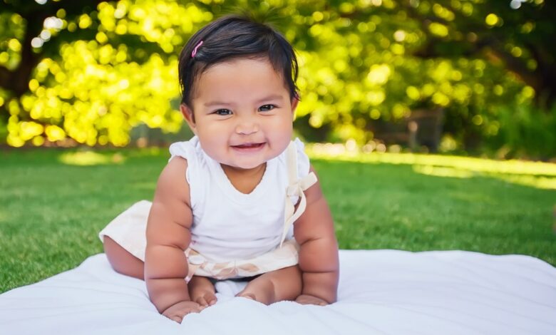 Adorable Little Baby Girl With Cute Smile Sitting Unsupported And Starting To Take First Crawling Steps On Her Own Being Independent And Of Mexican Heritage. 1061135454 1256x837.jpeg